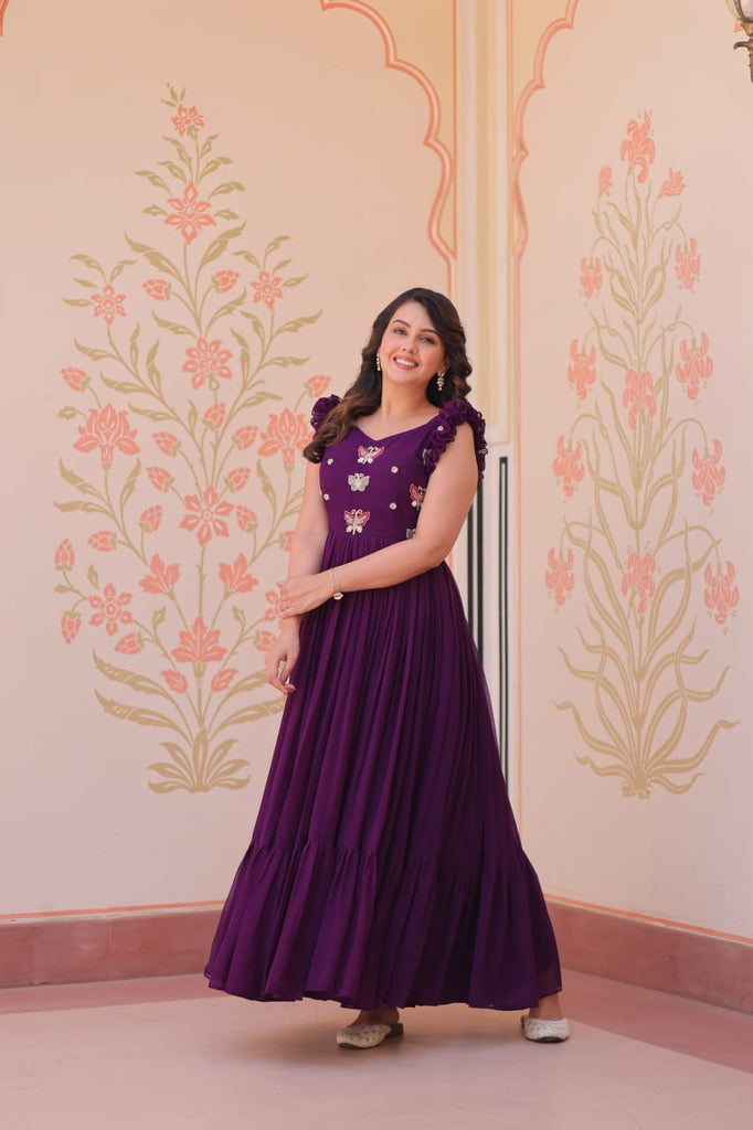 Purple Luxe Faux Blooming Embroidered Gown with Double Frill Sleeves Clothsvilla