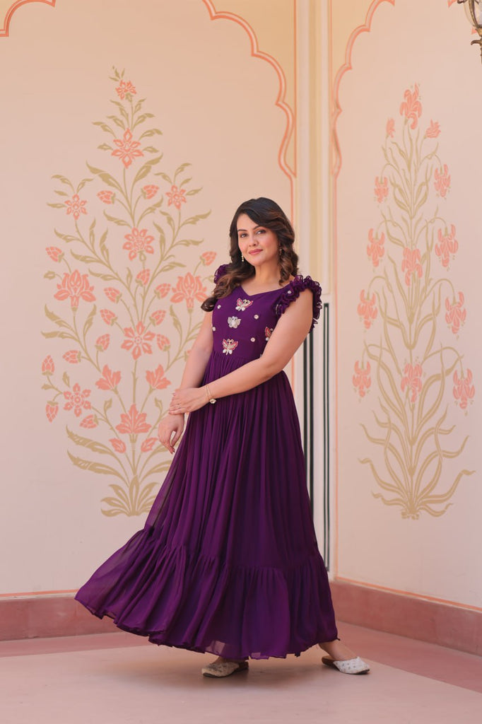 Purple Luxe Faux Blooming Embroidered Gown with Double Frill Sleeves Clothsvilla