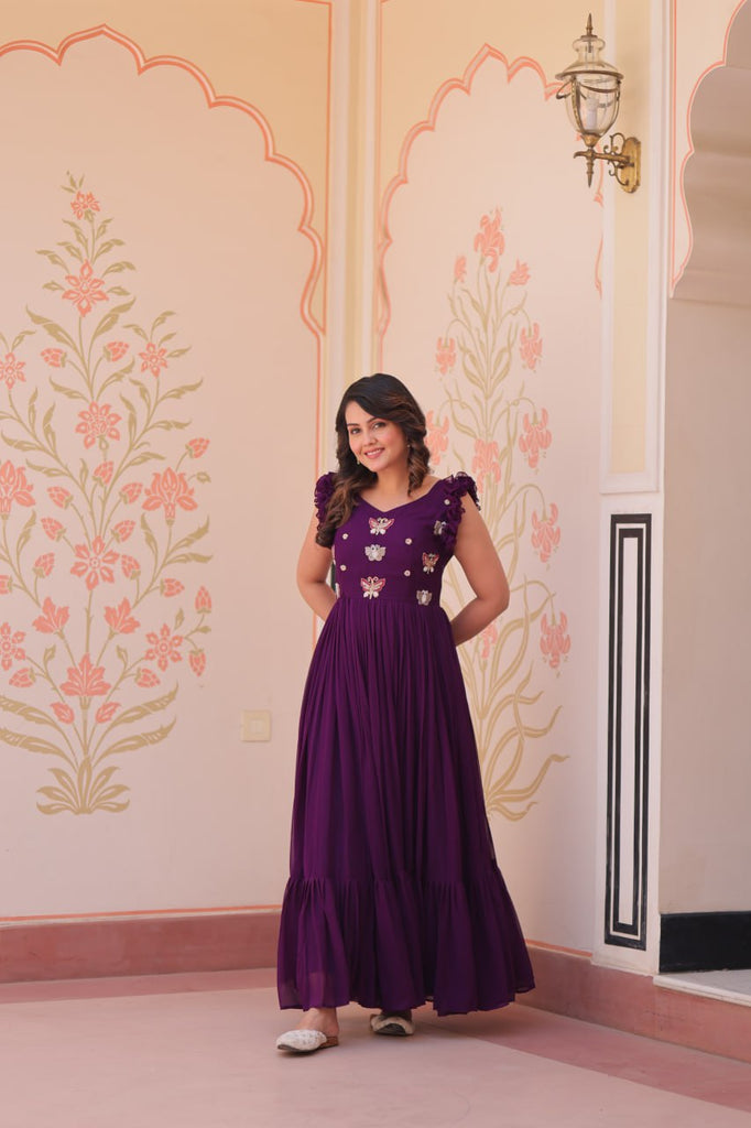 Purple Luxe Faux Blooming Embroidered Gown with Double Frill Sleeves Clothsvilla