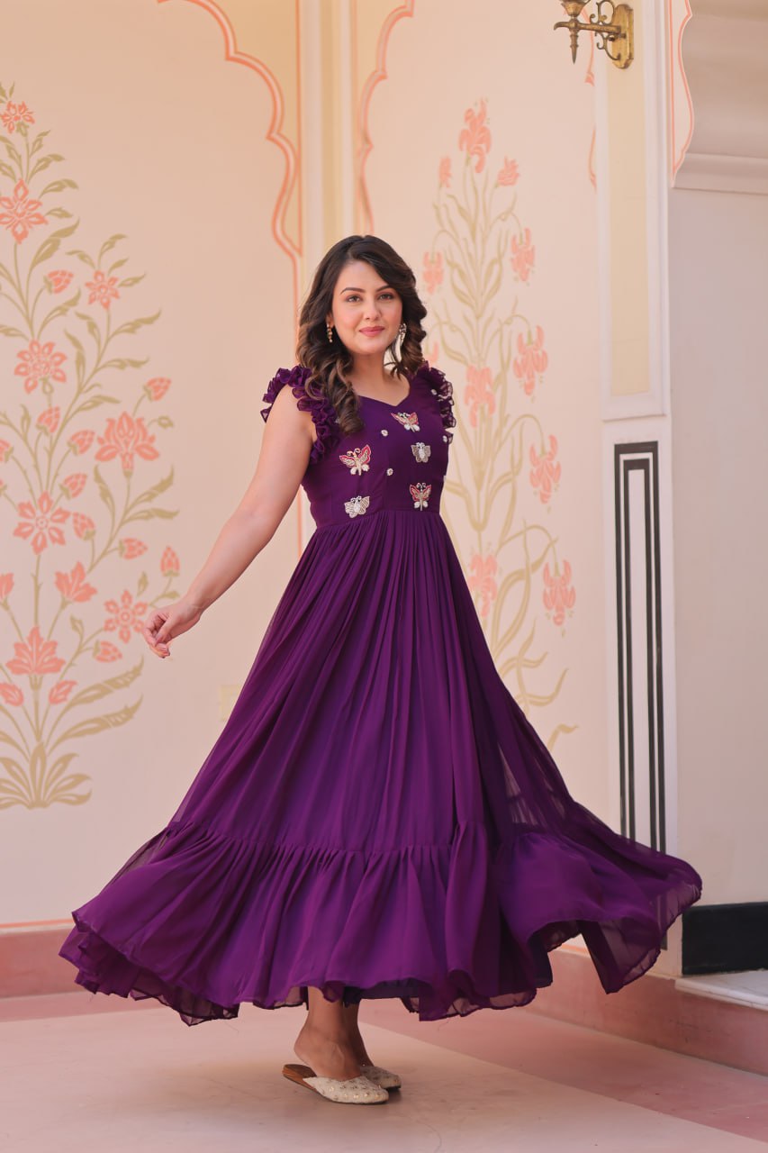 Purple Luxe Faux Blooming Embroidered Gown with Double Frill Sleeves Clothsvilla