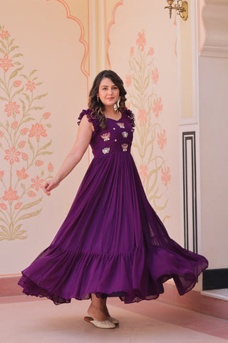 Purple Luxe Faux Blooming Embroidered Gown with Double Frill Sleeves Clothsvilla