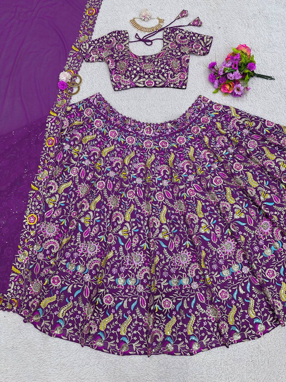 Purple Luxe Faux Georgette Semi-Stitched Lehenga Set with Thread & Sequence Work ClothsVilla