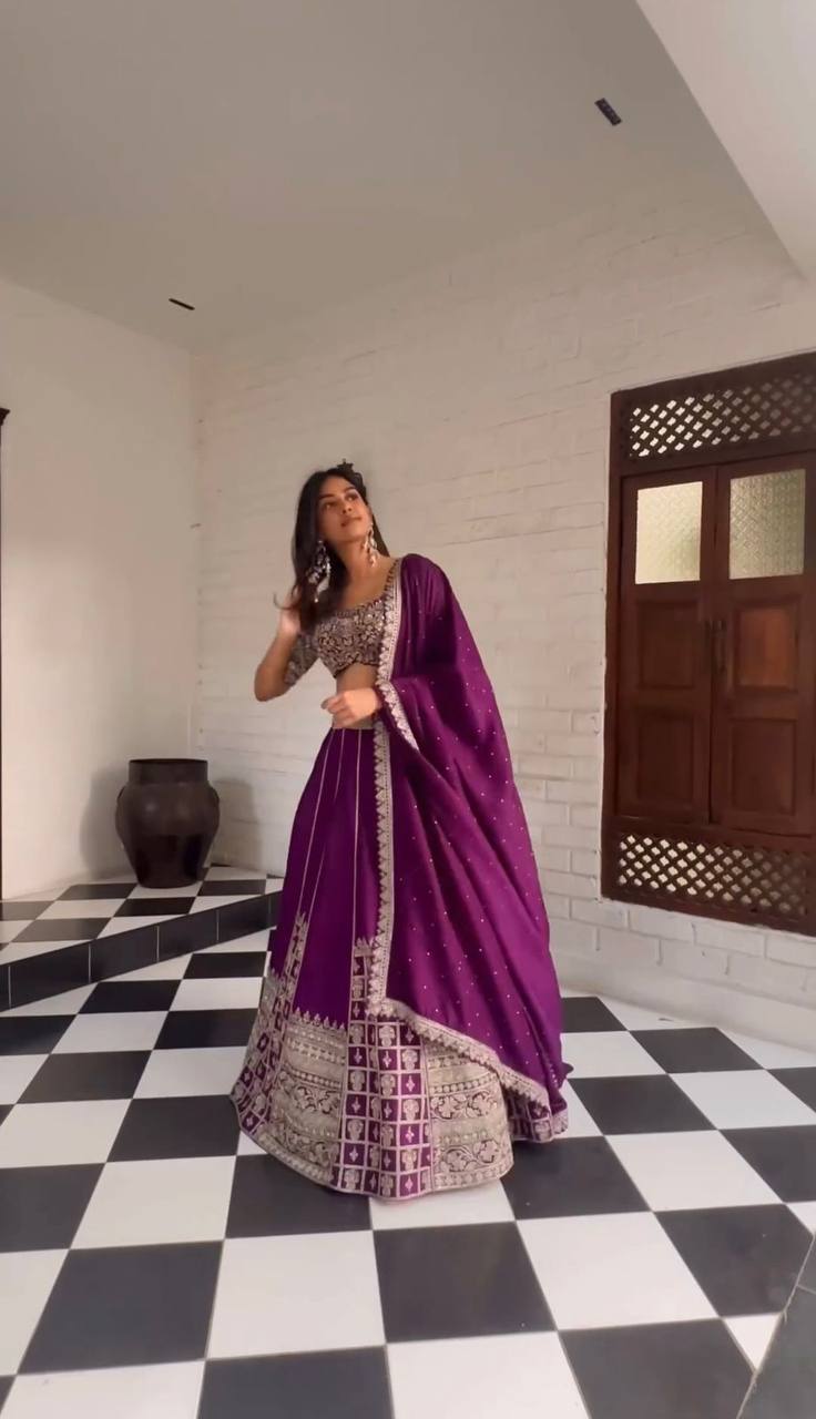 Purple Luxe Faux Georgette Semi-Stitched Lehenga Set with Thread & Sequence Work ClothsVilla