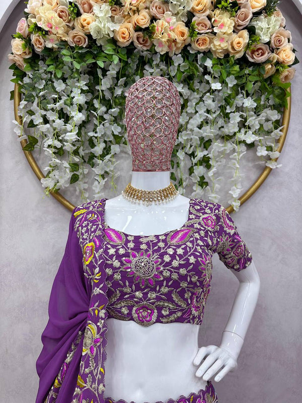 Purple Luxe Faux Georgette Semi-Stitched Lehenga Set with Thread & Sequence Work ClothsVilla
