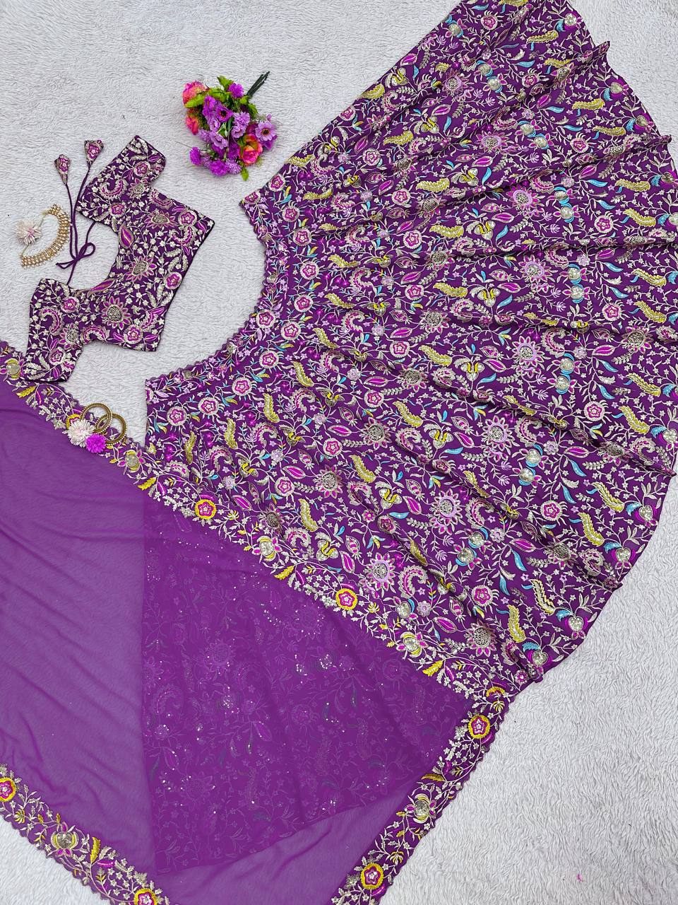 Purple Luxe Faux Georgette Semi-Stitched Lehenga Set with Thread & Sequence Work ClothsVilla