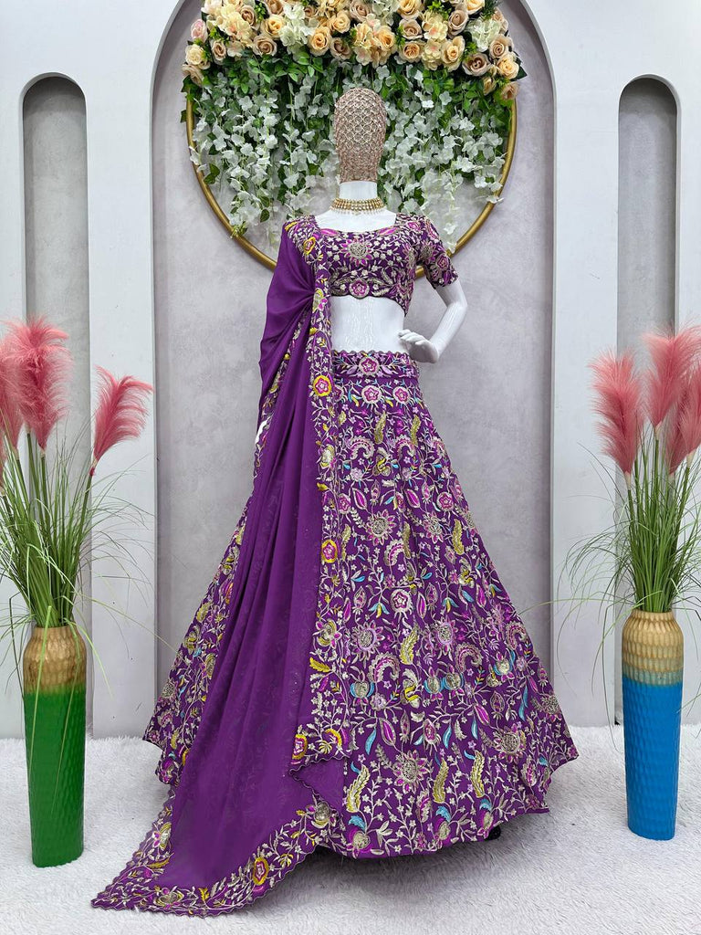 Purple Luxe Faux Georgette Semi-Stitched Lehenga Set with Thread & Sequence Work ClothsVilla