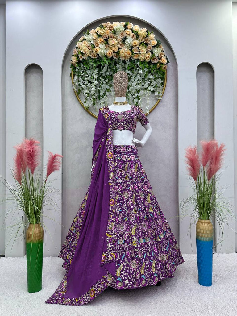 Purple Luxe Faux Georgette Semi-Stitched Lehenga Set with Thread & Sequence Work ClothsVilla