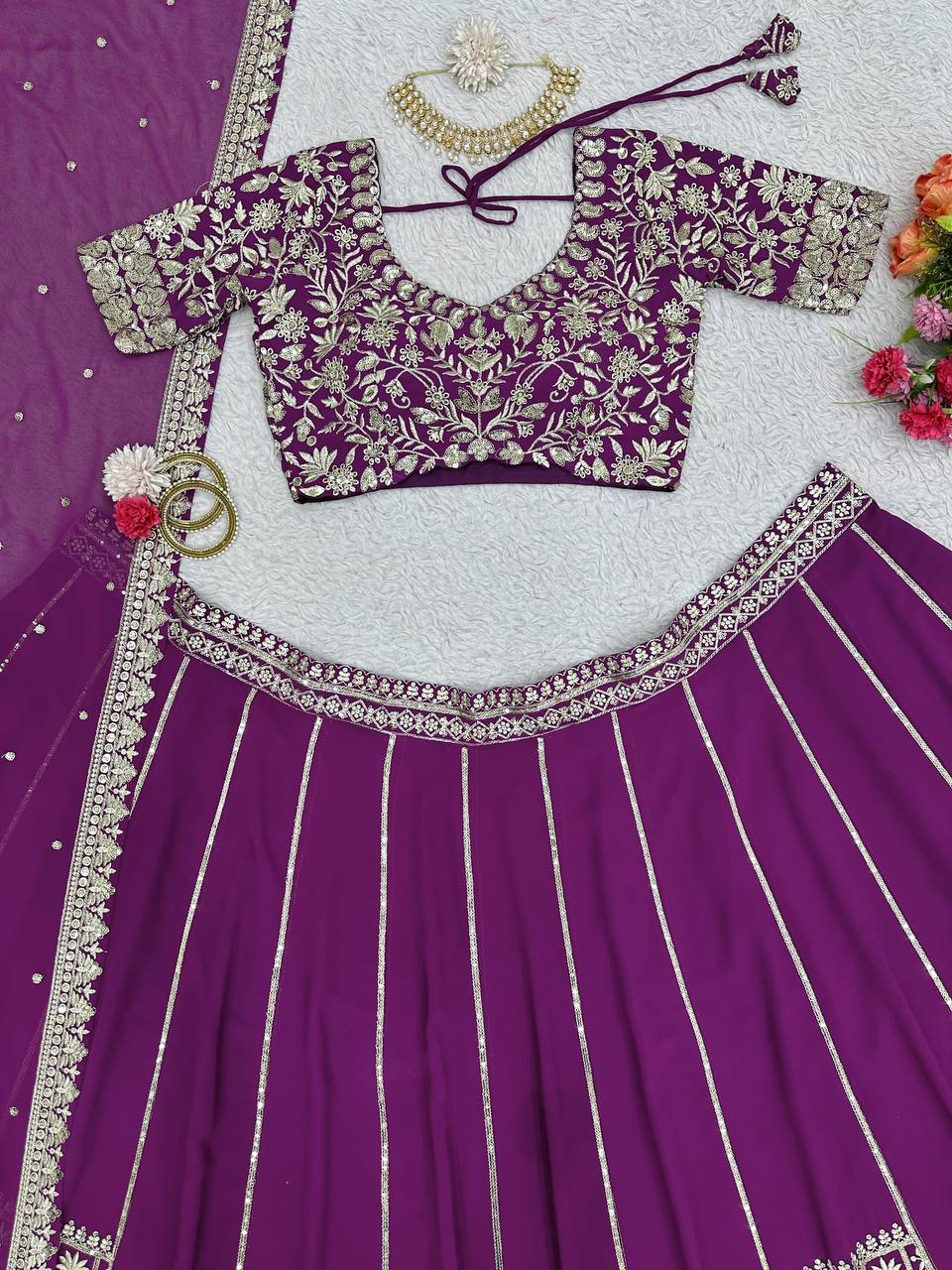 Purple Luxe Faux Georgette Semi-Stitched Lehenga Set with Thread & Sequence Work ClothsVilla