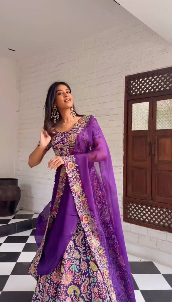 Purple Luxe Faux Georgette Semi-Stitched Lehenga Set with Thread & Sequence Work ClothsVilla