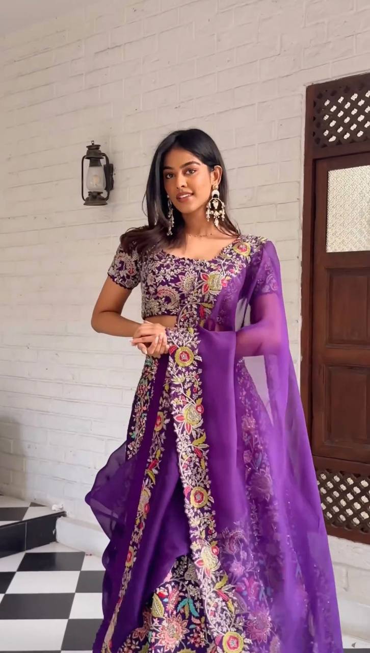 Purple Luxe Faux Georgette Semi-Stitched Lehenga Set with Thread & Sequence Work ClothsVilla Main image