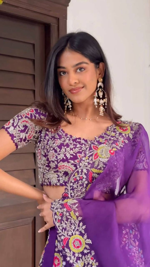 Purple Luxe Faux Georgette Semi-Stitched Lehenga Set with Thread & Sequence Work ClothsVilla