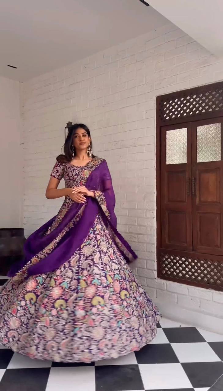 Purple Luxe Faux Georgette Semi-Stitched Lehenga Set with Thread & Sequence Work ClothsVilla