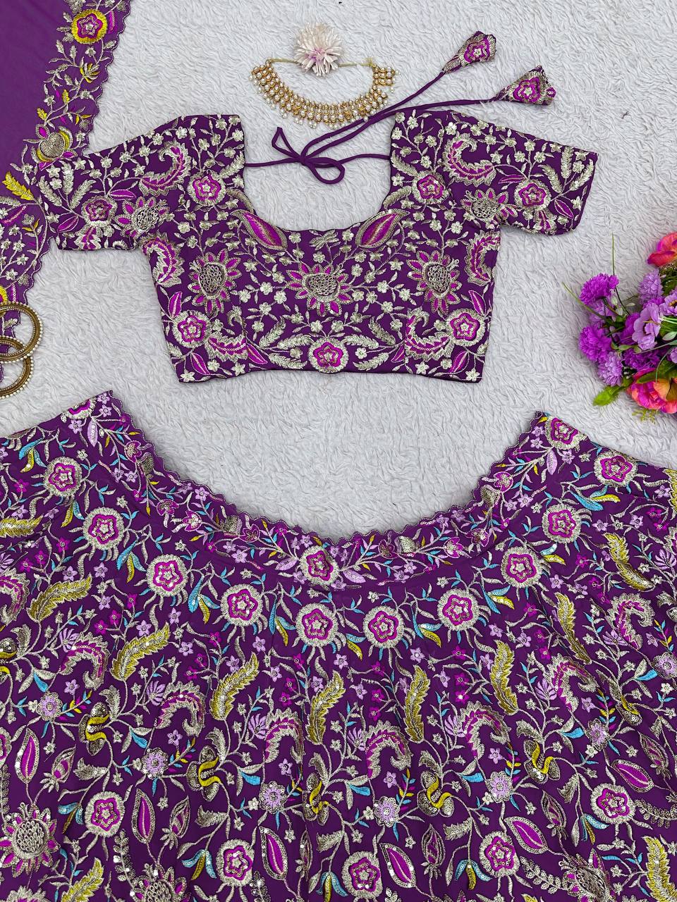 Purple Luxe Faux Georgette Semi-Stitched Lehenga Set with Thread & Sequence Work ClothsVilla