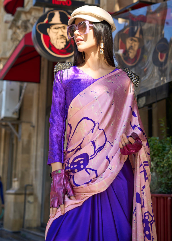 Purple Luxurious Satin Crepe Saree – Elegance with a Graceful Drape ClothsVilla