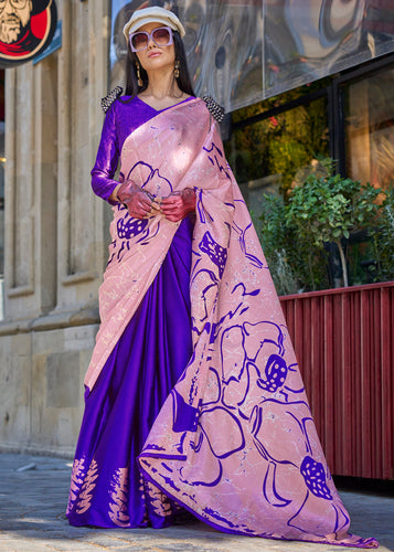 Purple Luxurious Satin Crepe Saree – Elegance with a Graceful Drape ClothsVilla