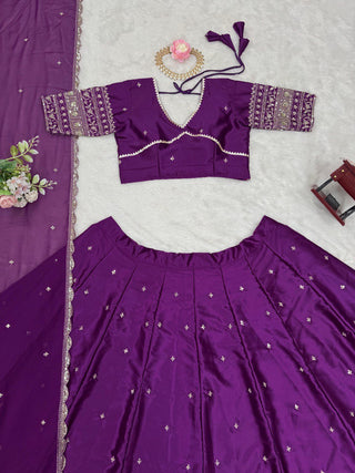 Purple Luxurious Satin Silk Semi-Stitched Lehenga Choli Set with Sequin Embroidery & Fancy Lace Dupatta ClothsVilla