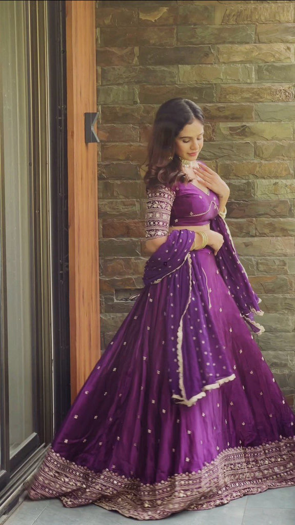 Purple Luxurious Satin Silk Semi-Stitched Lehenga Choli Set with Sequin Embroidery & Fancy Lace Dupatta ClothsVilla