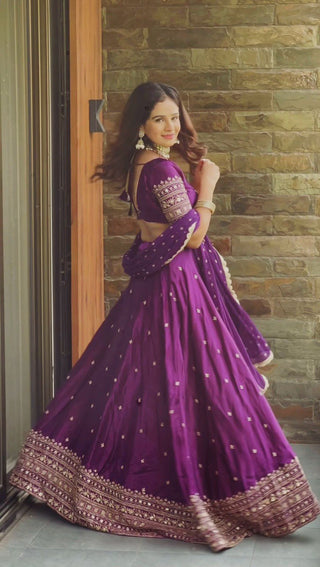 Purple Luxurious Satin Silk Semi-Stitched Lehenga Choli Set with Sequin Embroidery & Fancy Lace Dupatta ClothsVilla