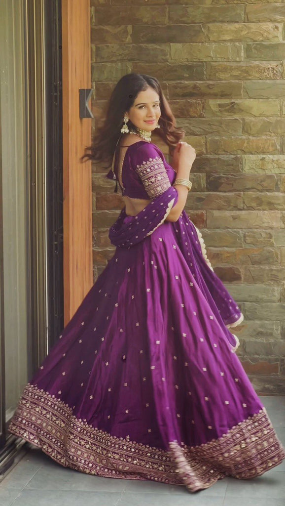 Purple Luxurious Satin Silk Semi-Stitched Lehenga Choli Set with Sequin Embroidery & Fancy Lace Dupatta ClothsVilla