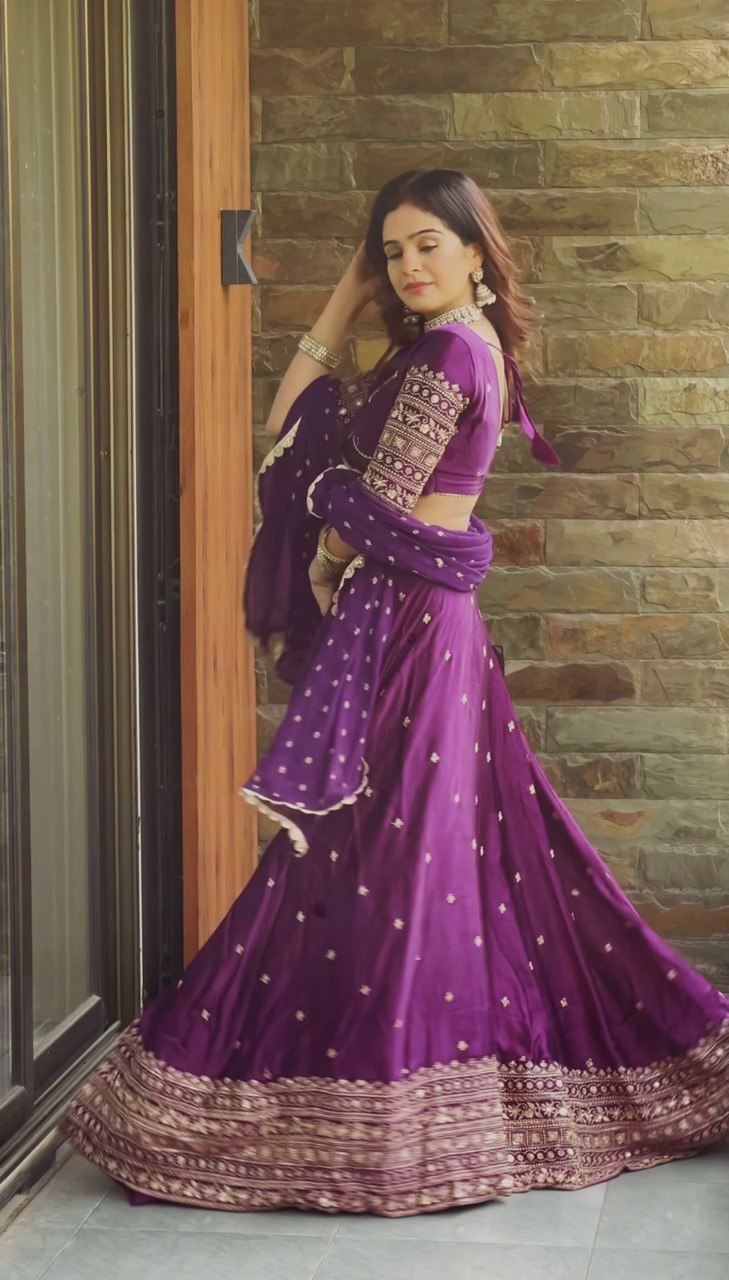 Purple Luxurious Satin Silk Semi-Stitched Lehenga Choli Set with Sequin Embroidery & Fancy Lace Dupatta ClothsVilla