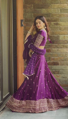 Purple Luxurious Satin Silk Semi-Stitched Lehenga Choli Set with Sequin Embroidery & Fancy Lace Dupatta ClothsVilla