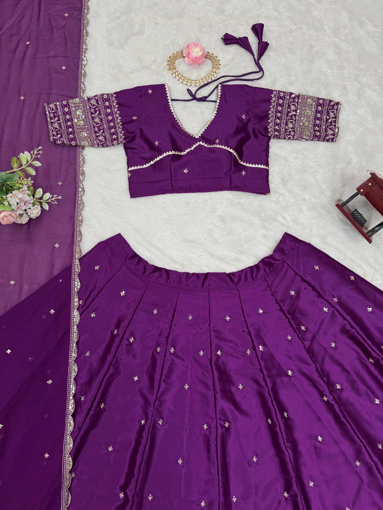 Purple Luxurious Satin Silk Semi-Stitched Lehenga Choli Set with Sequin Embroidery & Fancy Lace Dupatta ClothsVilla