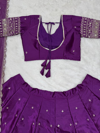 Purple Luxurious Satin Silk Semi-Stitched Lehenga Choli Set with Sequin Embroidery & Fancy Lace Dupatta ClothsVilla