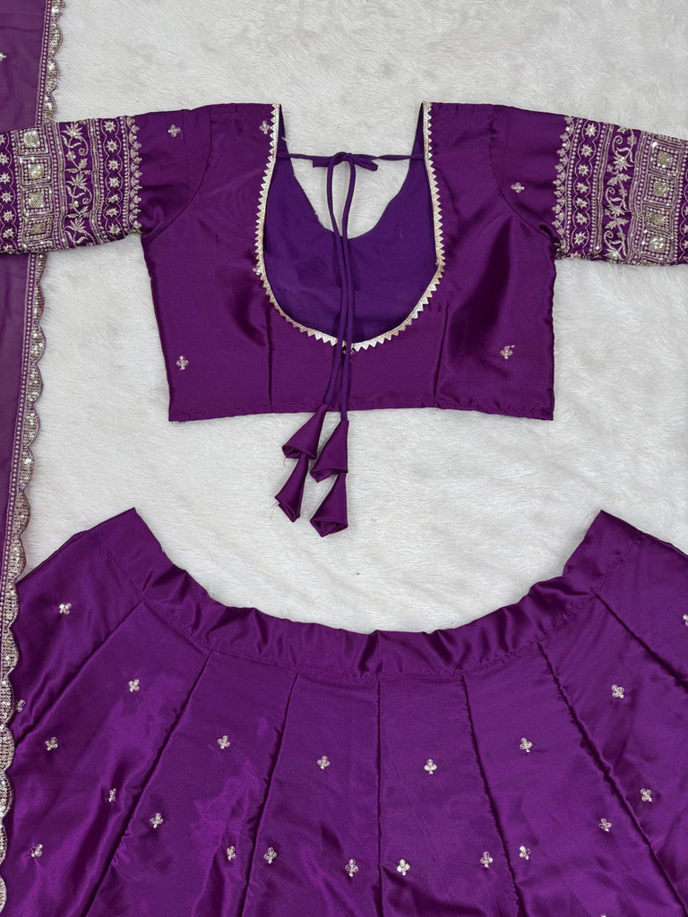 Purple Luxurious Satin Silk Semi-Stitched Lehenga Choli Set with Sequin Embroidery & Fancy Lace Dupatta ClothsVilla