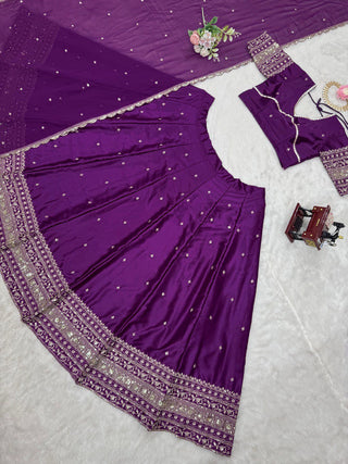 Purple Luxurious Satin Silk Semi-Stitched Lehenga Choli Set with Sequin Embroidery & Fancy Lace Dupatta ClothsVilla