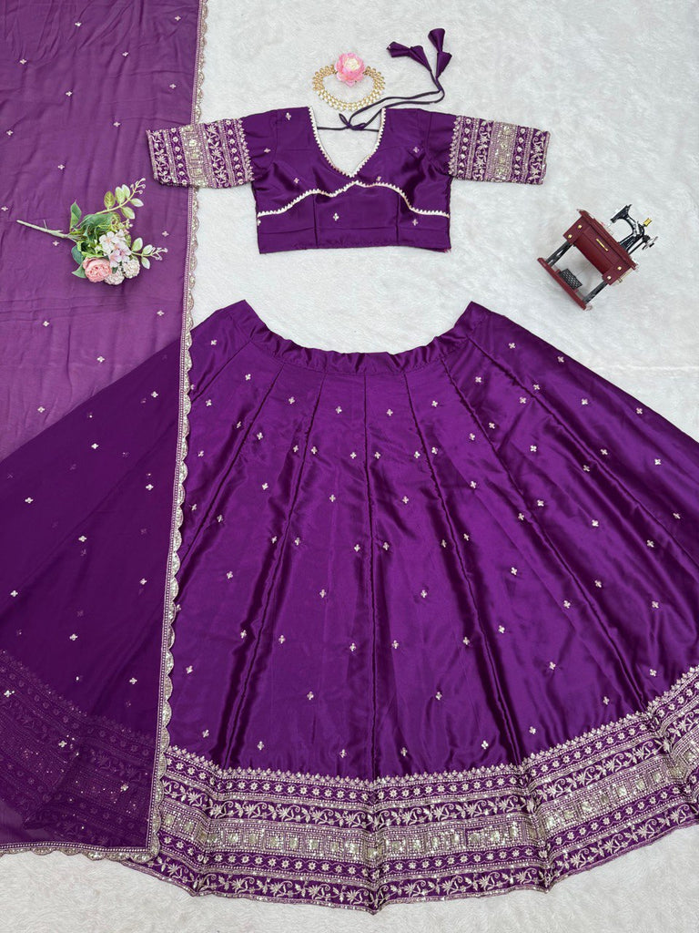 Purple Luxurious Satin Silk Semi-Stitched Lehenga Choli Set with Sequin Embroidery & Fancy Lace Dupatta ClothsVilla