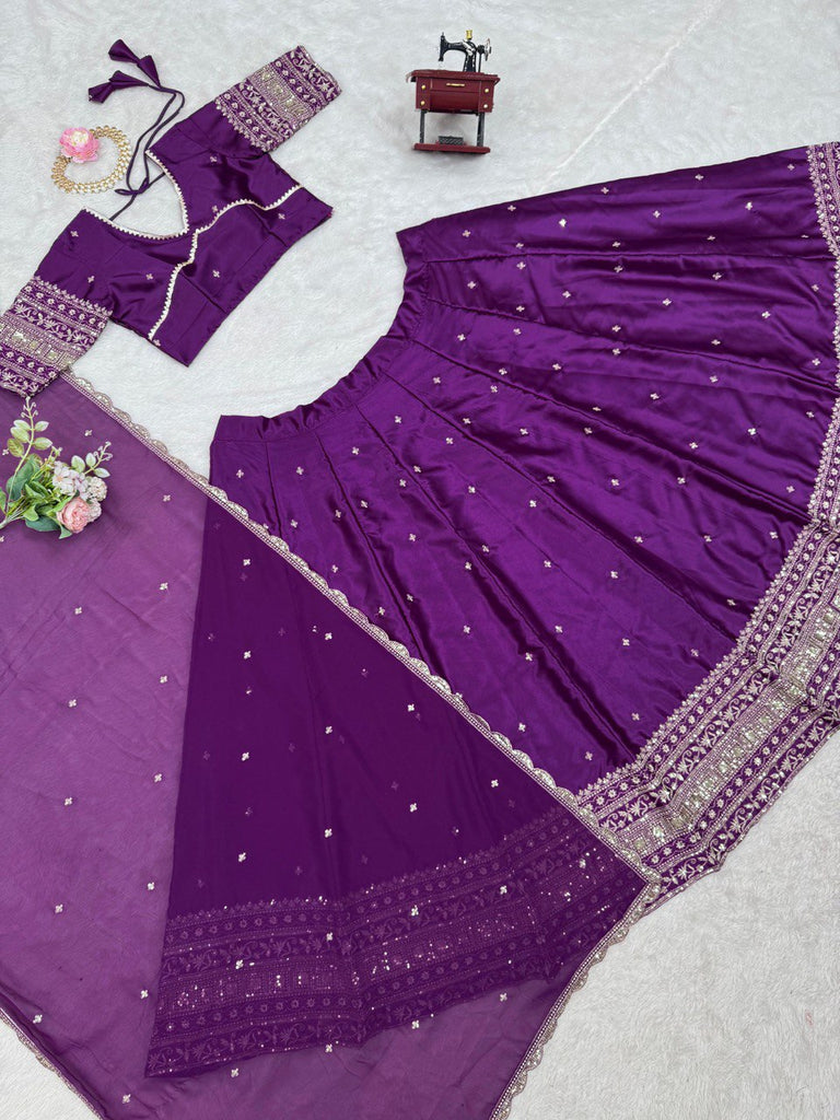 Purple Luxurious Satin Silk Semi-Stitched Lehenga Choli Set with Sequin Embroidery & Fancy Lace Dupatta ClothsVilla
