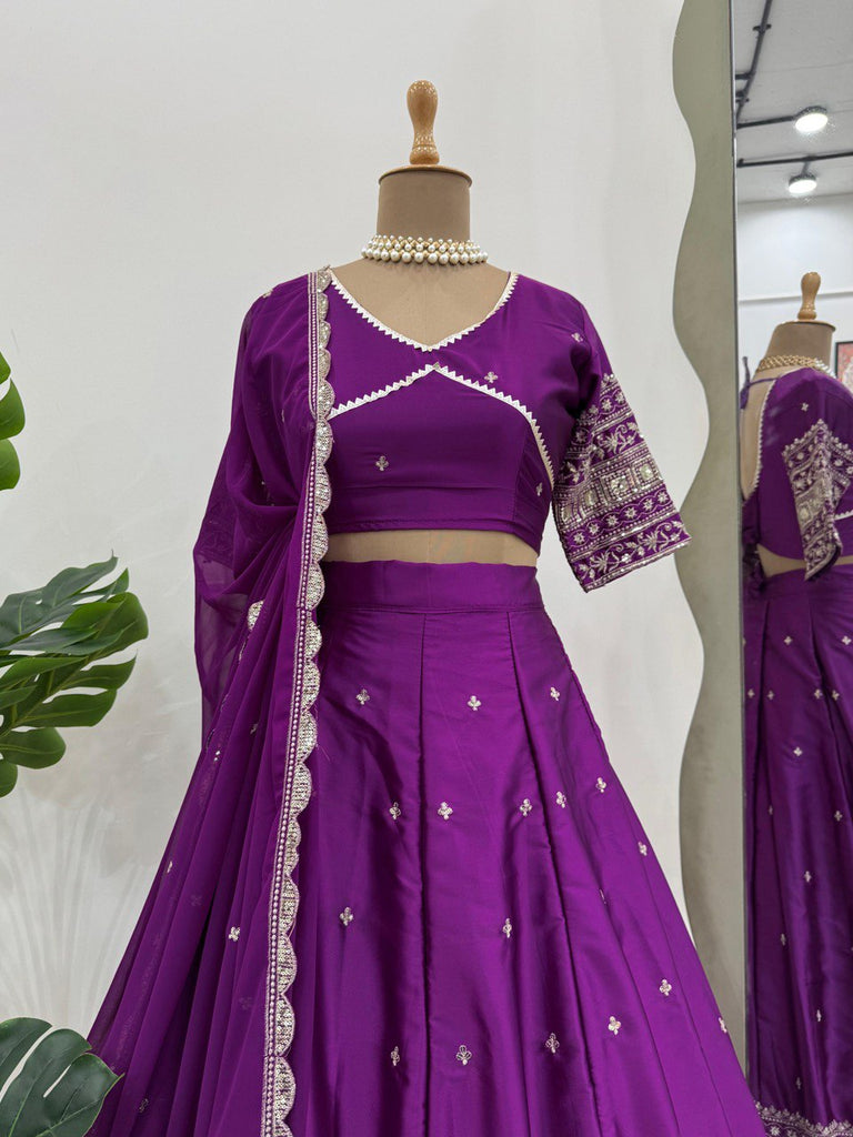 Purple Luxurious Satin Silk Semi-Stitched Lehenga Choli Set with Sequin Embroidery & Fancy Lace Dupatta ClothsVilla