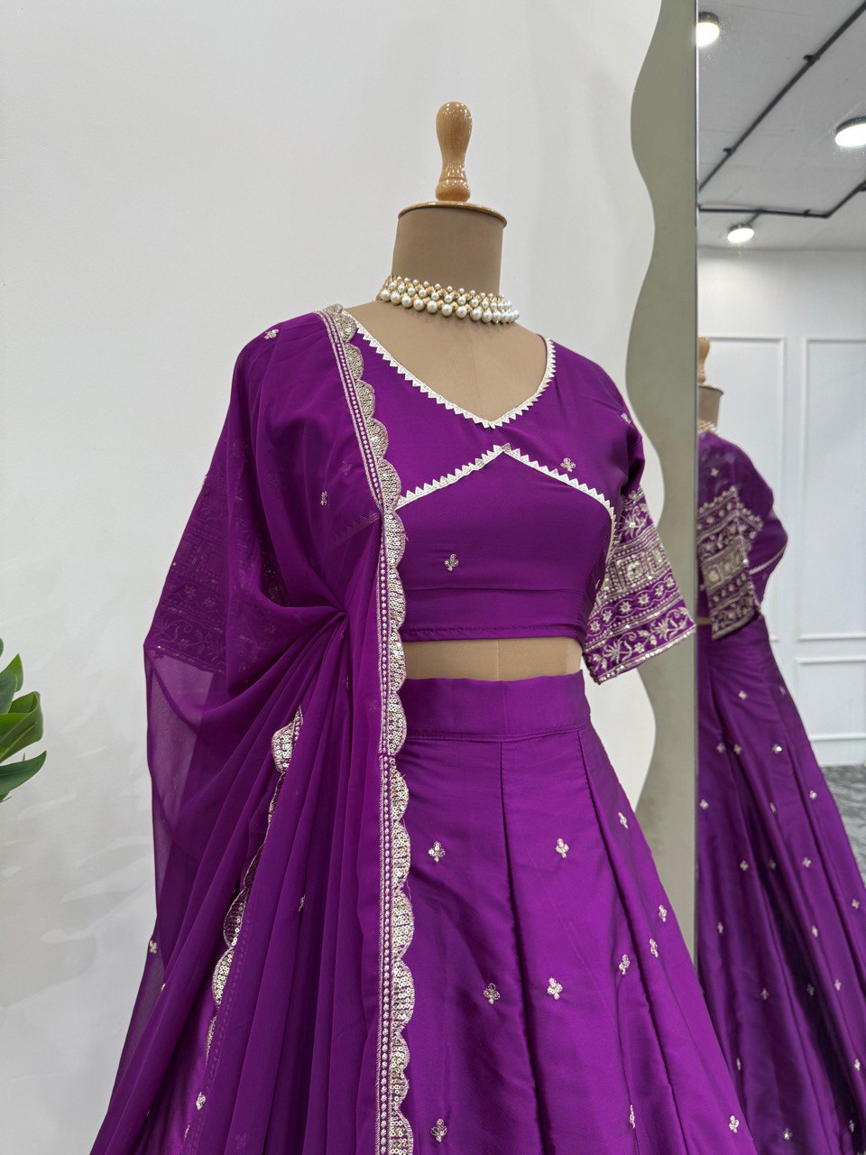 Purple Luxurious Satin Silk Semi-Stitched Lehenga Choli Set with Sequin Embroidery & Fancy Lace Dupatta ClothsVilla