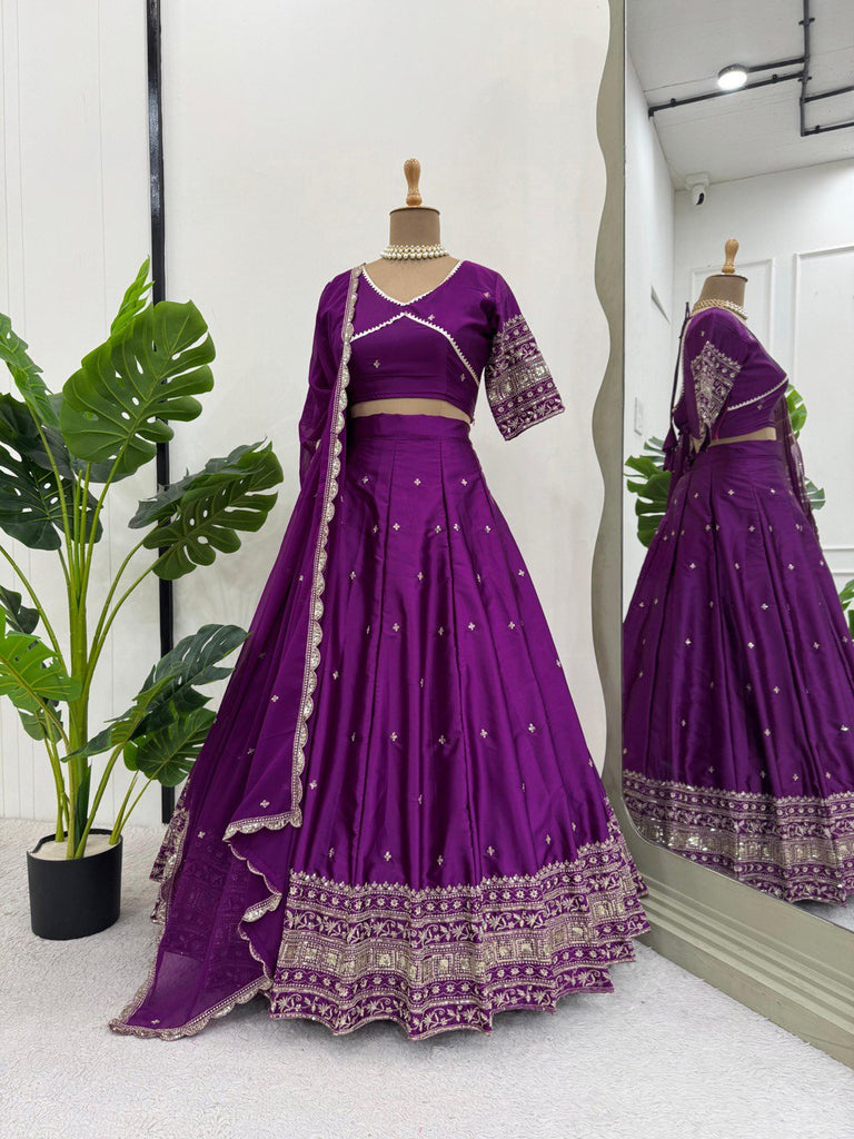 Purple Luxurious Satin Silk Semi-Stitched Lehenga Choli Set with Sequin Embroidery & Fancy Lace Dupatta ClothsVilla