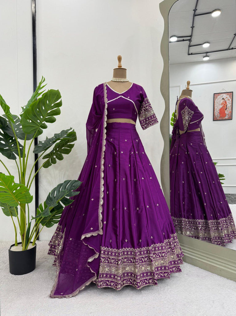 Purple Luxurious Satin Silk Semi-Stitched Lehenga Choli Set with Sequin Embroidery & Fancy Lace Dupatta ClothsVilla