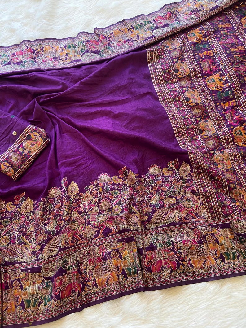 Purple Luxurious Soft Rajwadi Silk Saree with Kashmiri Thread Woven Pallu & Zari Border ClothsVilla
