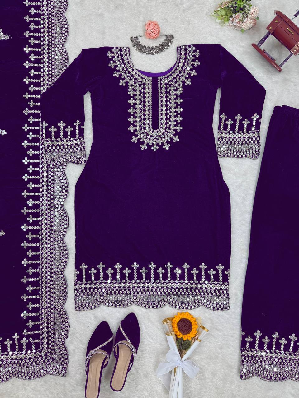 Purple Luxurious Viscose Velvet Plazo Set with Embroidered Dupatta Clothsvilla
