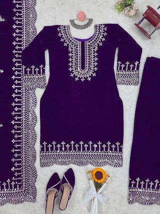 Purple Luxurious Viscose Velvet Plazo Set with Embroidered Dupatta Clothsvilla