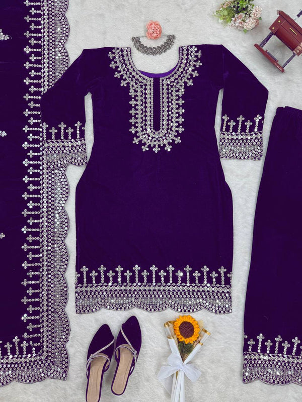 Purple Luxurious Viscose Velvet Plazo Set with Embroidered Dupatta Clothsvilla