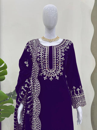 Purple Luxurious Viscose Velvet Plazo Set with Embroidered Dupatta Clothsvilla