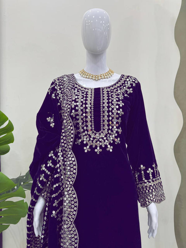Purple Luxurious Viscose Velvet Plazo Set with Embroidered Dupatta Clothsvilla