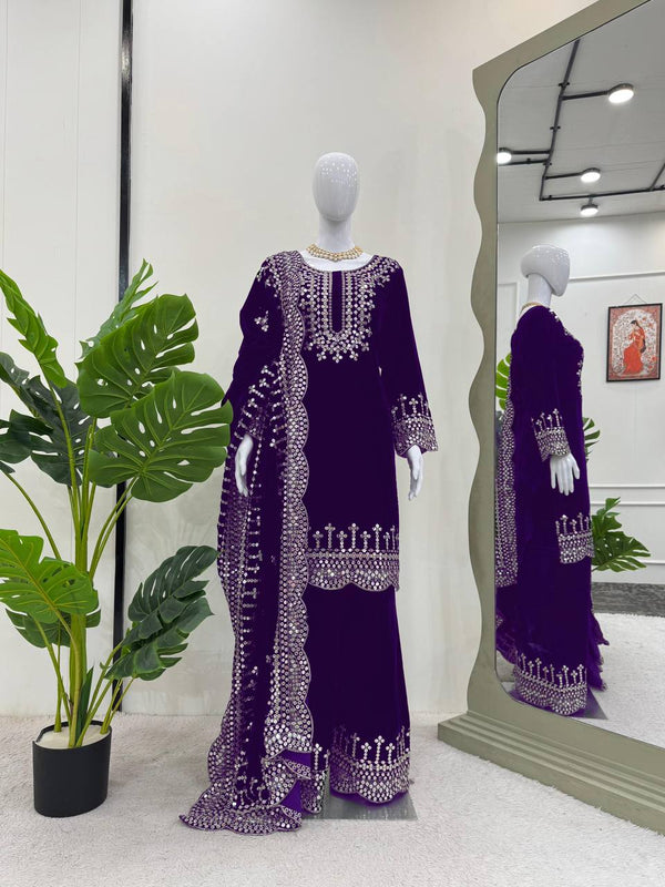 Purple Luxurious Viscose Velvet Plazo Set with Embroidered Dupatta Clothsvilla