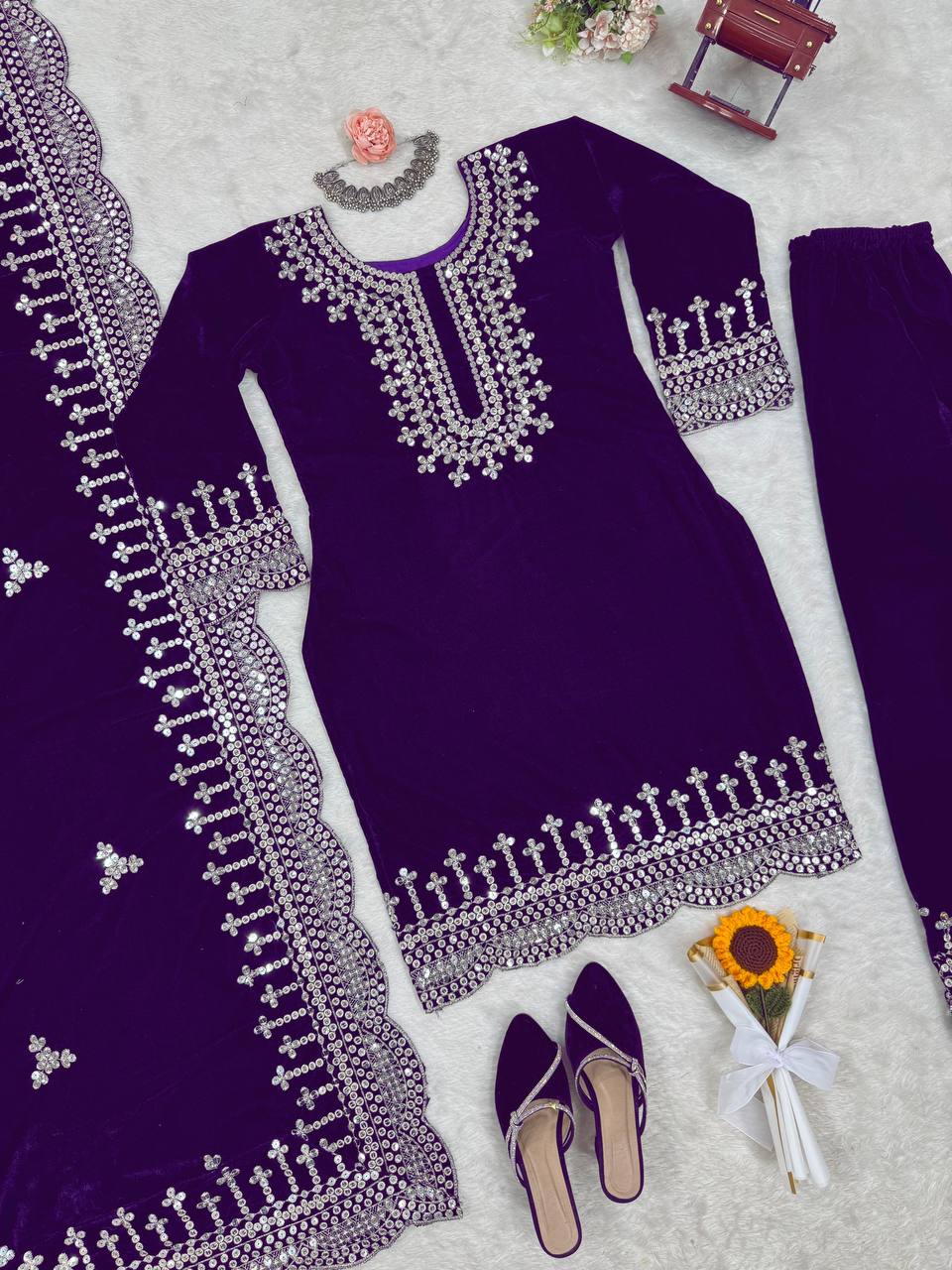 Purple Luxurious Viscose Velvet Plazo Set with Embroidered Dupatta Clothsvilla