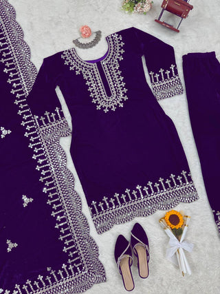 Purple Luxurious Viscose Velvet Plazo Set with Embroidered Dupatta Clothsvilla