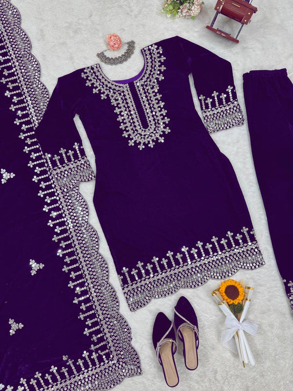 Purple Luxurious Viscose Velvet Plazo Set with Embroidered Dupatta Clothsvilla