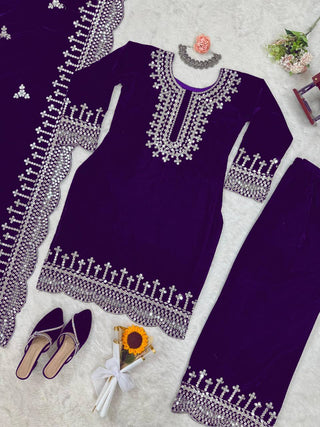 Purple Luxurious Viscose Velvet Plazo Set with Embroidered Dupatta Clothsvilla