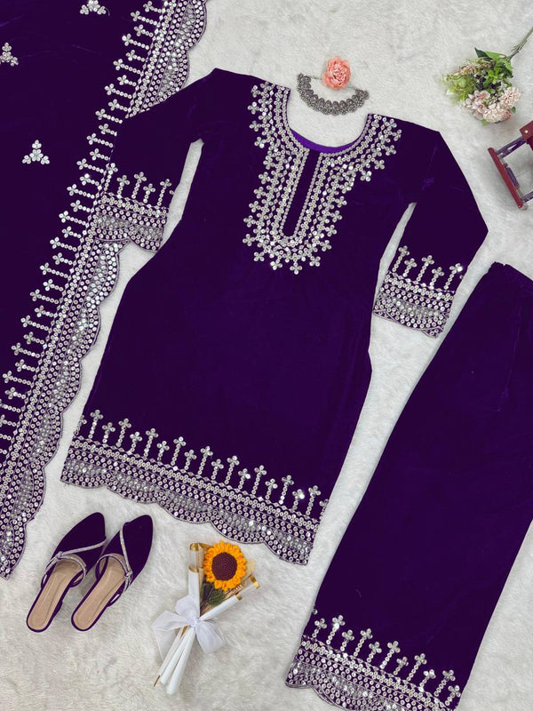 Purple Luxurious Viscose Velvet Plazo Set with Embroidered Dupatta Clothsvilla