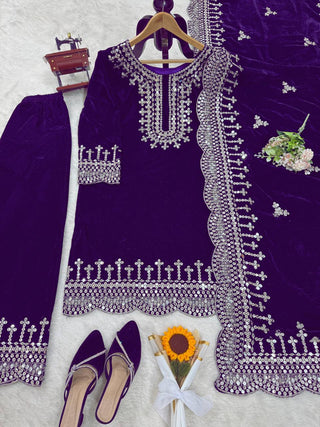 Purple Luxurious Viscose Velvet Plazo Set with Embroidered Dupatta Clothsvilla