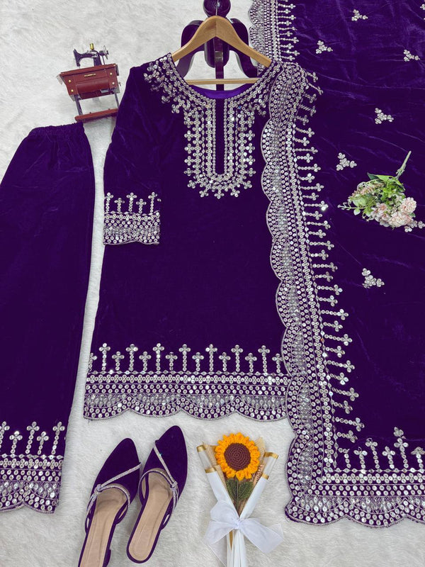 Purple Luxurious Viscose Velvet Plazo Set with Embroidered Dupatta Clothsvilla