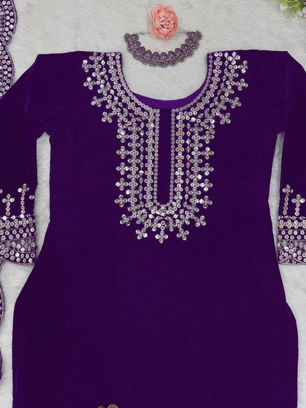 Purple Luxurious Viscose Velvet Plazo Set with Embroidered Dupatta Clothsvilla